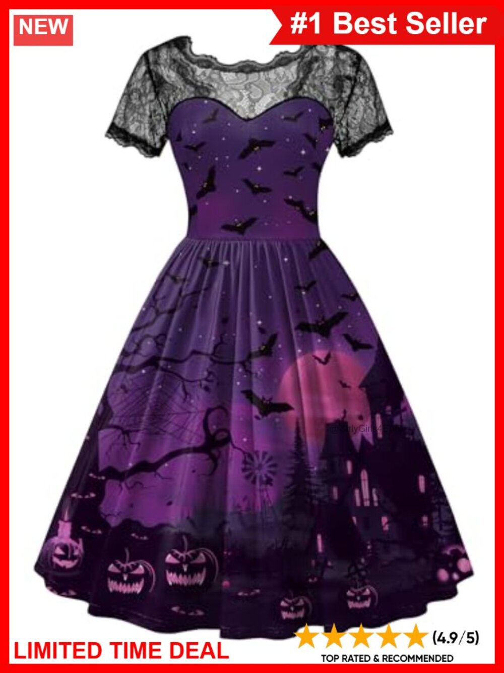 Lace Short Sleeve Swing Halloween Witch Costume Party Dress